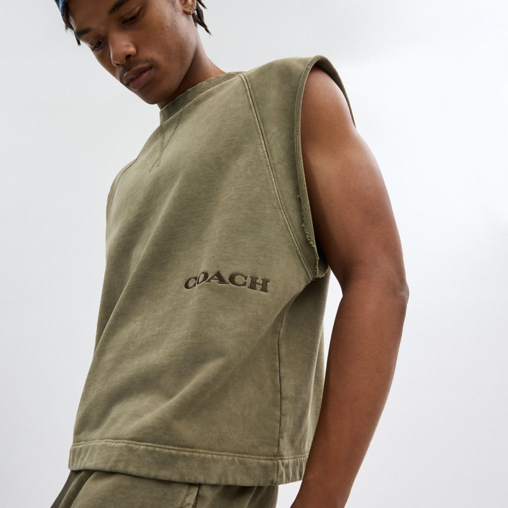 COACH®,Sleeveless Garment Dye Crewneck,Cotton,Tank,Embroidered,Logo,Casual,Olive,Detail View
