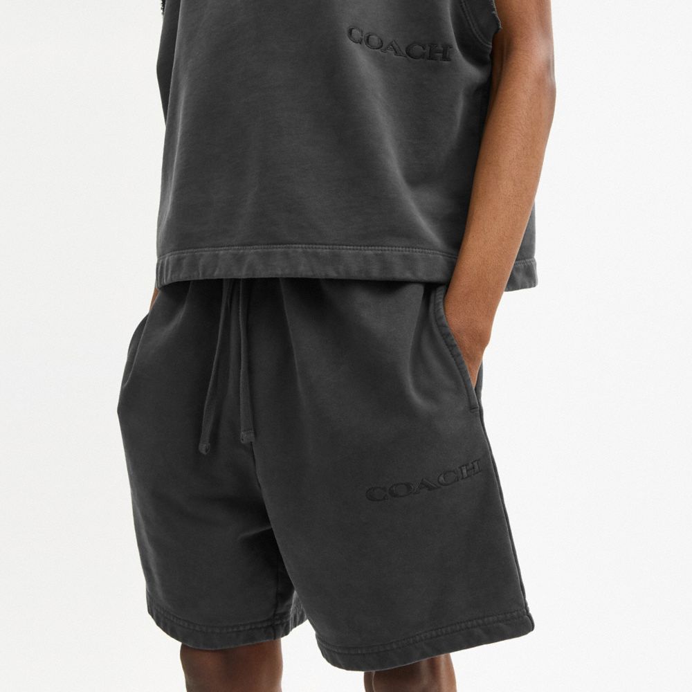 COACH®,Garment Dye Pull On Shorts,Cotton,Straight,Logo,Drawstring,Embroidered,Casual,,Detail View