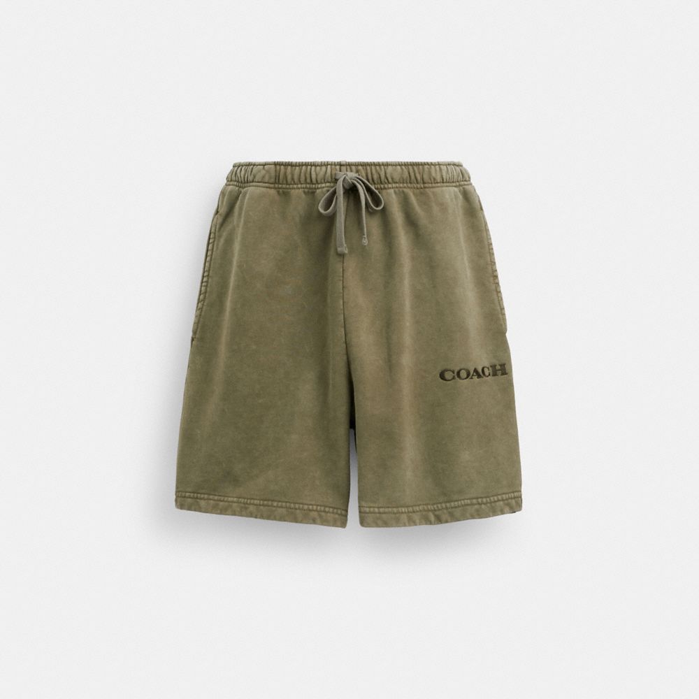 COACH®,Garment Dye Pull On Shorts,Cotton,Straight,Logo,Drawstring,Embroidered,Casual,Olive,Front View