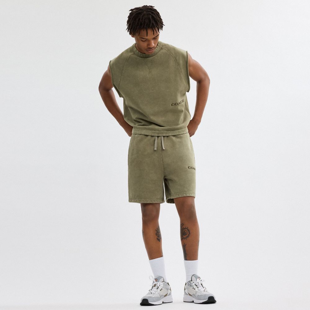 COACH®,Garment Dye Pull On Shorts,Cotton,Straight,Logo,Drawstring,Embroidered,Casual,Olive,Scale View