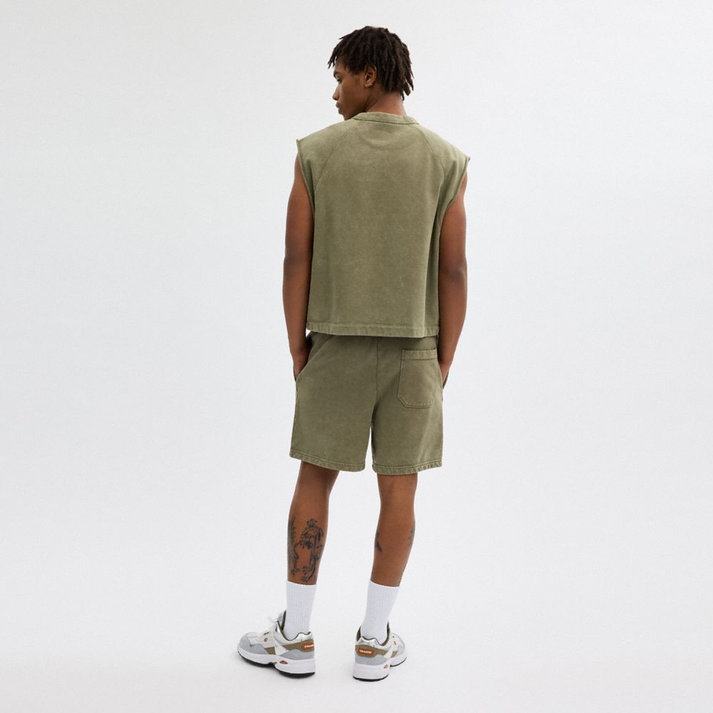 COACH®,Garment Dye Pull On Shorts,Cotton,Straight,Logo,Drawstring,Embroidered,Casual,Olive,Scale View