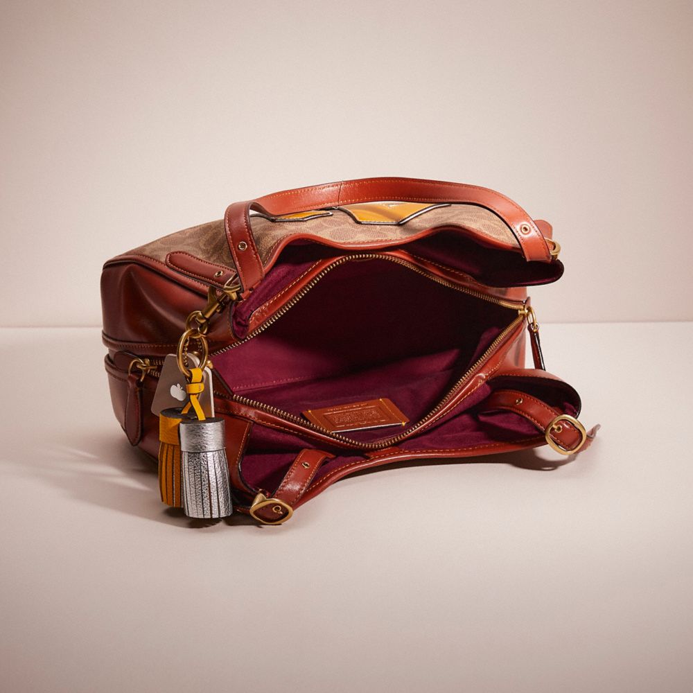 COACH®,Upcrafted Lori Shoulder Bag In Signature Canvas,Leather,Canvas,Shoulder Bag,Tassel,Piping,Color Block,Applique,Bras...,Brown,Inside View,Top View