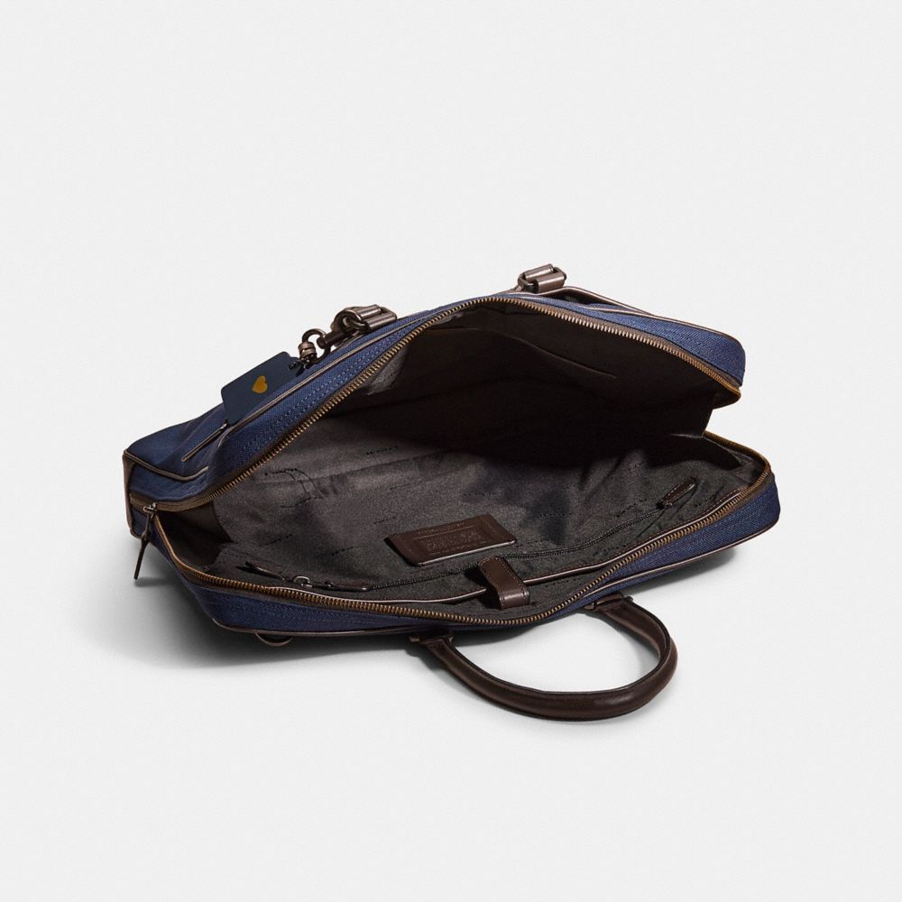COACH®,Upcrafted Metropolitan Slim Brief,Nylon,Leather,Briefcase,Piping,Logo,Applique,Work,Navy,Inside View,Top View