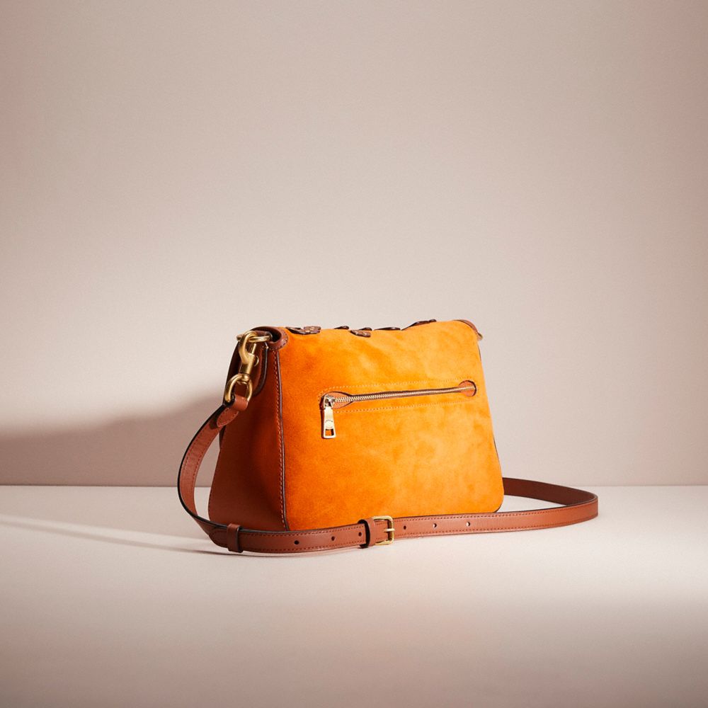 COACH®,Upcrafted Soft Tabby Shoulder Bag,Suede,Calfskin Leather,Shoulder Bag,Applique,Color Block,Logo,Metal,Studded,Brass...,Burnt Orange,Angle View