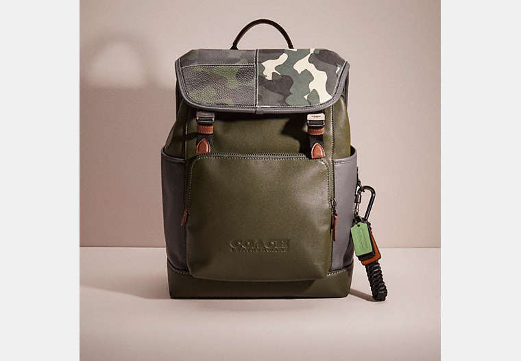 COACH®,UPCRAFTED LEAGUE FLAP BACKPACK IN COLORBLOCK,Black Copper/Dark Shamrock Multi,Front View