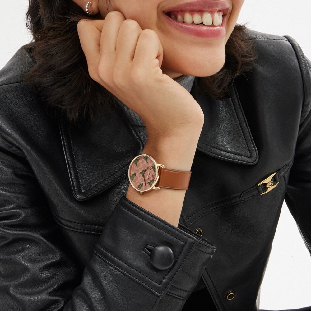COACH®,Elliot Watch, 36 Mm,Analog,Leather,Crystal,Mixed Media,Logo,Word Embellishment,Water Resistant,Casual,Brown,Detail View