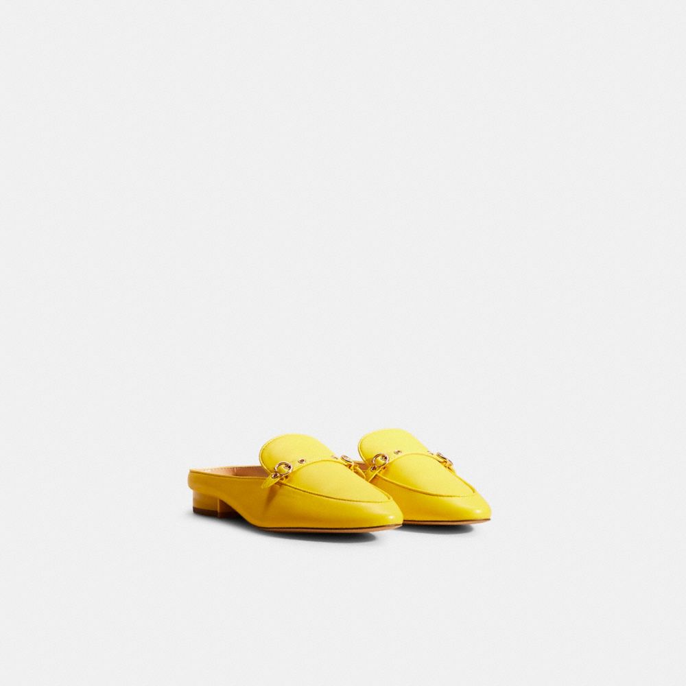 COACH®,Restored Irene Mule,Leather,Rubber,Flats,Loafer,Mules,Foam,Logo,Cushioned,Memory Foam Insole,Padded Insole,Traction...,Yellow,Angle View