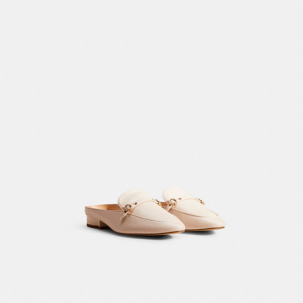 COACH®,Restored Irene Mule,Leather,Rubber,Flats,Loafer,Mules,Foam,Logo,Cushioned,Memory Foam Insole,Padded Insole,Traction...,Cream,Angle View
