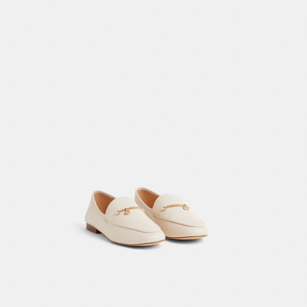 COACH®,Restored Hanna Loafer,Leather,Rubber,Loafer,Foam,Logo,Chain Detail,Metal,Memory Foam Insole,Traction,Work,Cream,Angle View