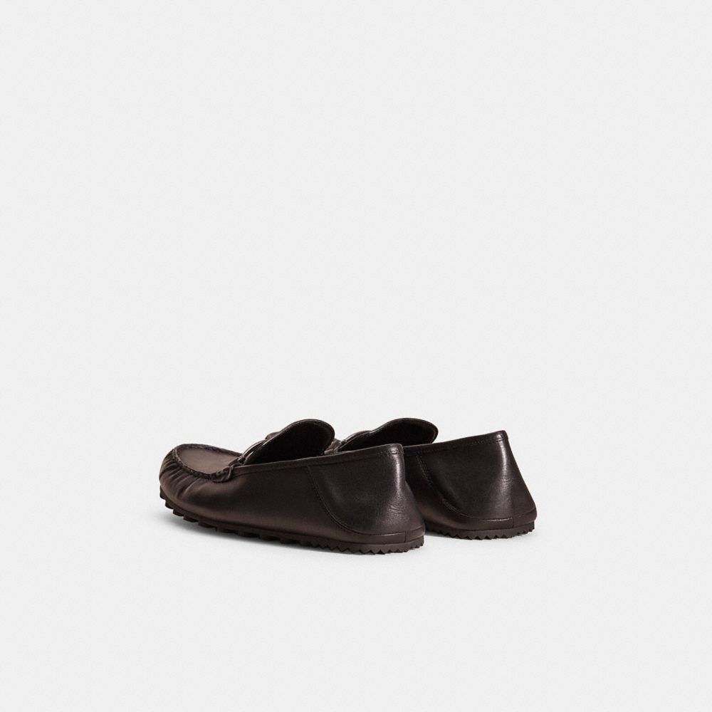 COACH®,Restored Collapsible Heel Driver,Leather,Rubber,Lining Leather,Loafer,Metal,Logo,Business Casual,Black,Back View