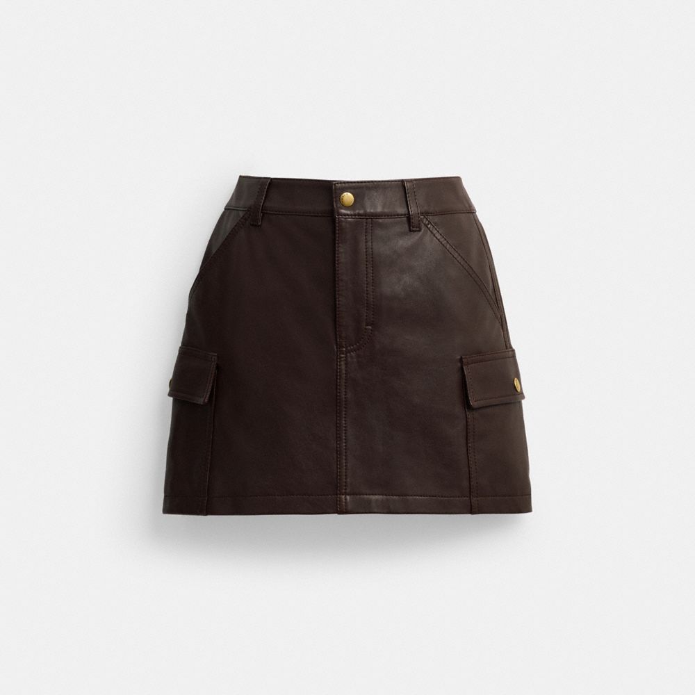 Brown leather mini skirt with pockets best sale