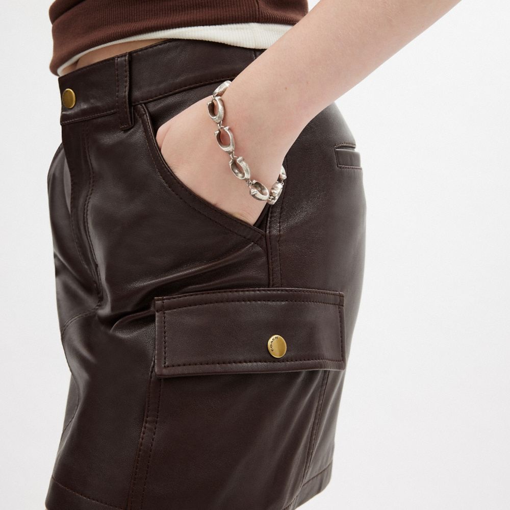 COACH®,Leather Mini Cargo Skirt,A-Line,No Embellishment,Sustainable,Casual,Brown,Detail View