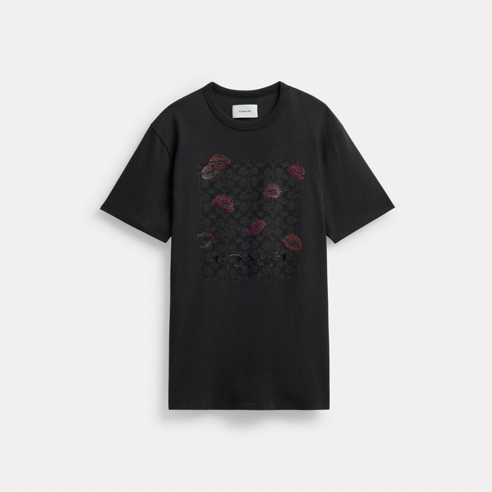 COACH®,SIGNATURE SQUARE KISS PRINT T-SHIRT IN ORGANIC COTTON,Organic Cotton,Charcoal Multi,Front View