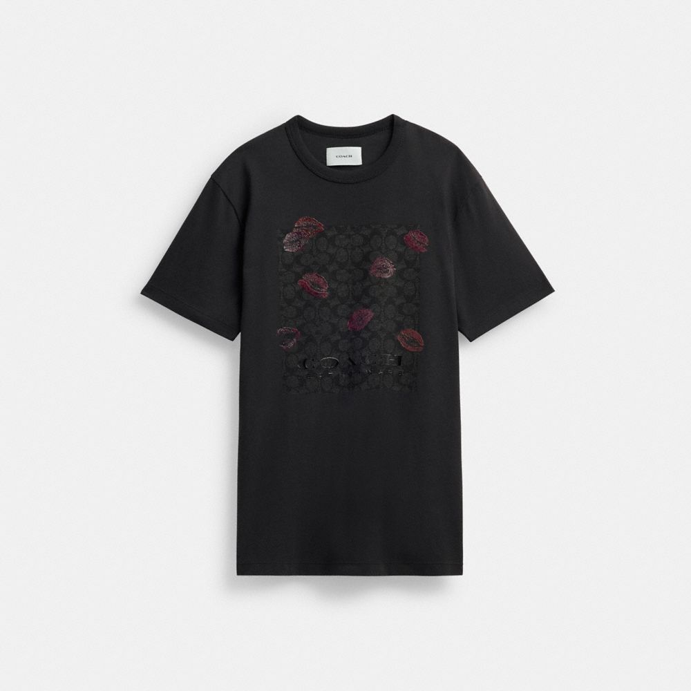 COACH®,SIGNATURE SQUARE KISS PRINT T-SHIRT IN ORGANIC COTTON,Charcoal Multi,Front View