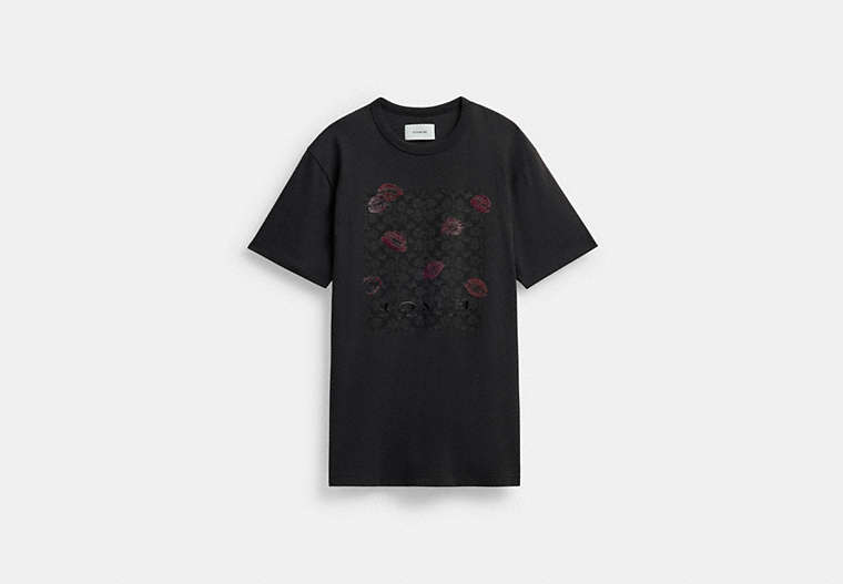 COACH®,SIGNATURE SQUARE KISS PRINT T-SHIRT IN ORGANIC COTTON,Charcoal Multi,Front View image number 0