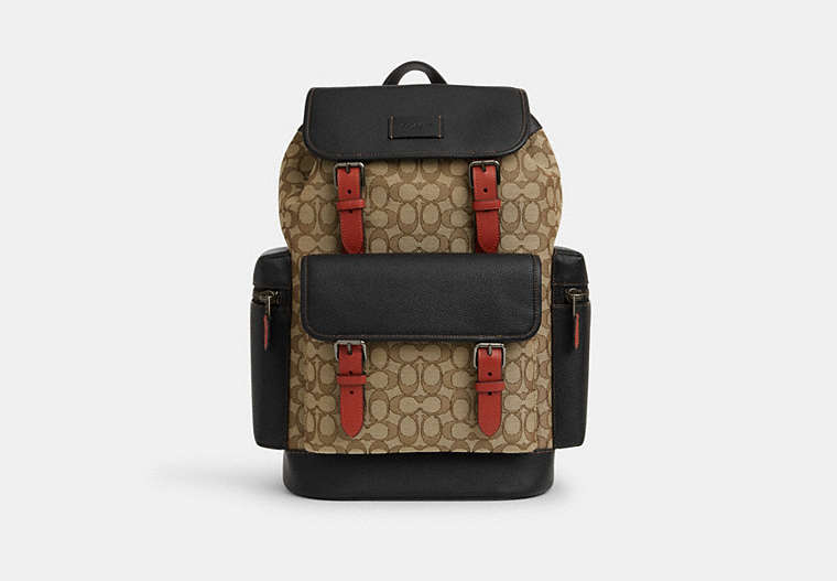 COACH®,SPRINT BACKPACK IN SIGNATURE JACQUARD,mixedmaterial,X-Large,Black Antique Nickel/Khaki/Black Multi,Front View