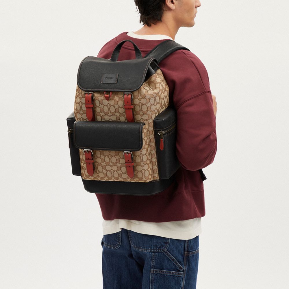 COACH®,Sprint Backpack In Signature Jacquard,Leather,Calfskin Leather,Cotton,Backpack,Logo,Color Block,Casual,Beige,Detail View