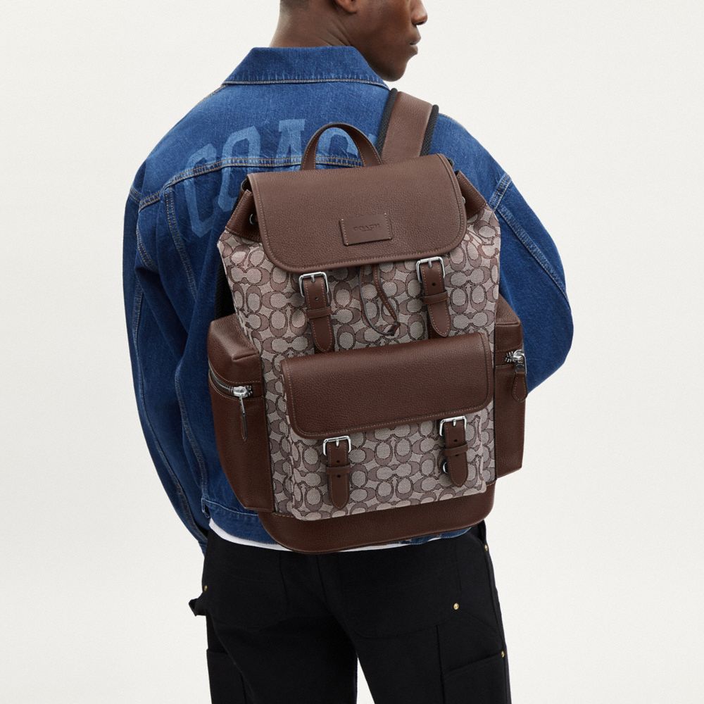 COACH®,Sprint Backpack In Signature Jacquard,Leather,Calfskin Leather,Cotton,Backpack,Logo,Color Block,Casual,Brown,Detail View