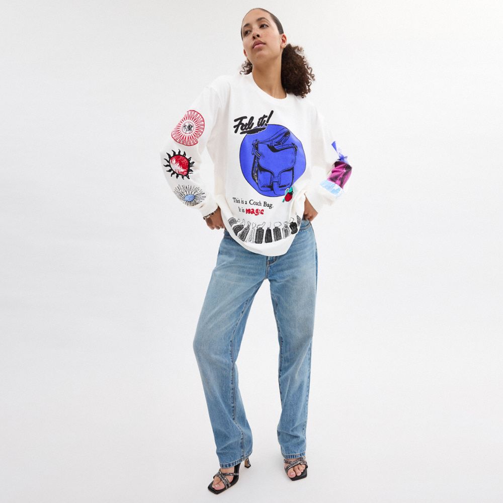COACH®,Graphic Long Sleeve T Shirt In Organic Cotton,Organic Cotton,Sweatshirt,No Embellishment,Casual,White,Scale View