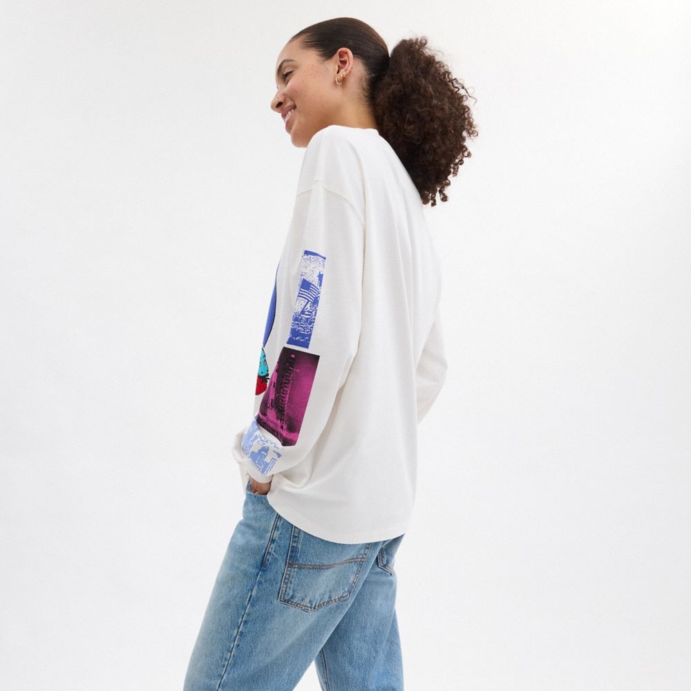 COACH®,Graphic Long Sleeve T Shirt In Organic Cotton,Organic Cotton,Sweatshirt,No Embellishment,Casual,White,Scale View