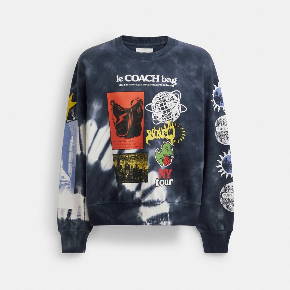 COACH®,TIE-DYE GRAPHIC CREWNECK SWEATSHIRT IN ORGANIC COTTON,Organic Cotton,Black White Multi,Front View