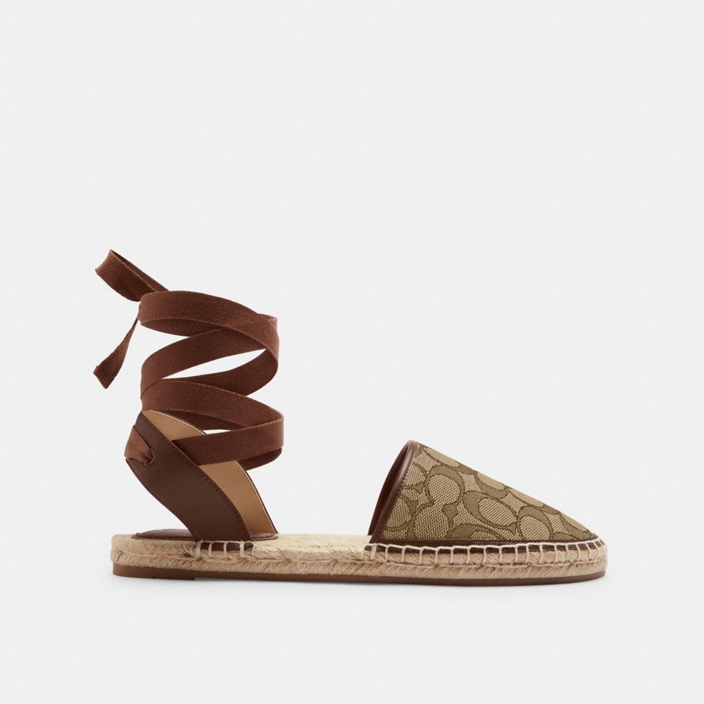 COACH®,Connie Espadrille In Signature Jacquard,Rubber,Leather,Espadrilles,Flats,Piping,Logo,Day Party,Brown,Angle View