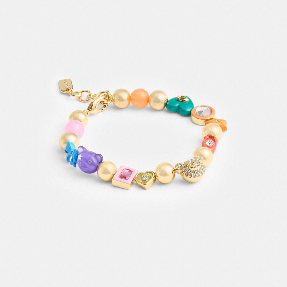 COACH®,BEADED BEAR BRACELET,Gold/Multi,Front View