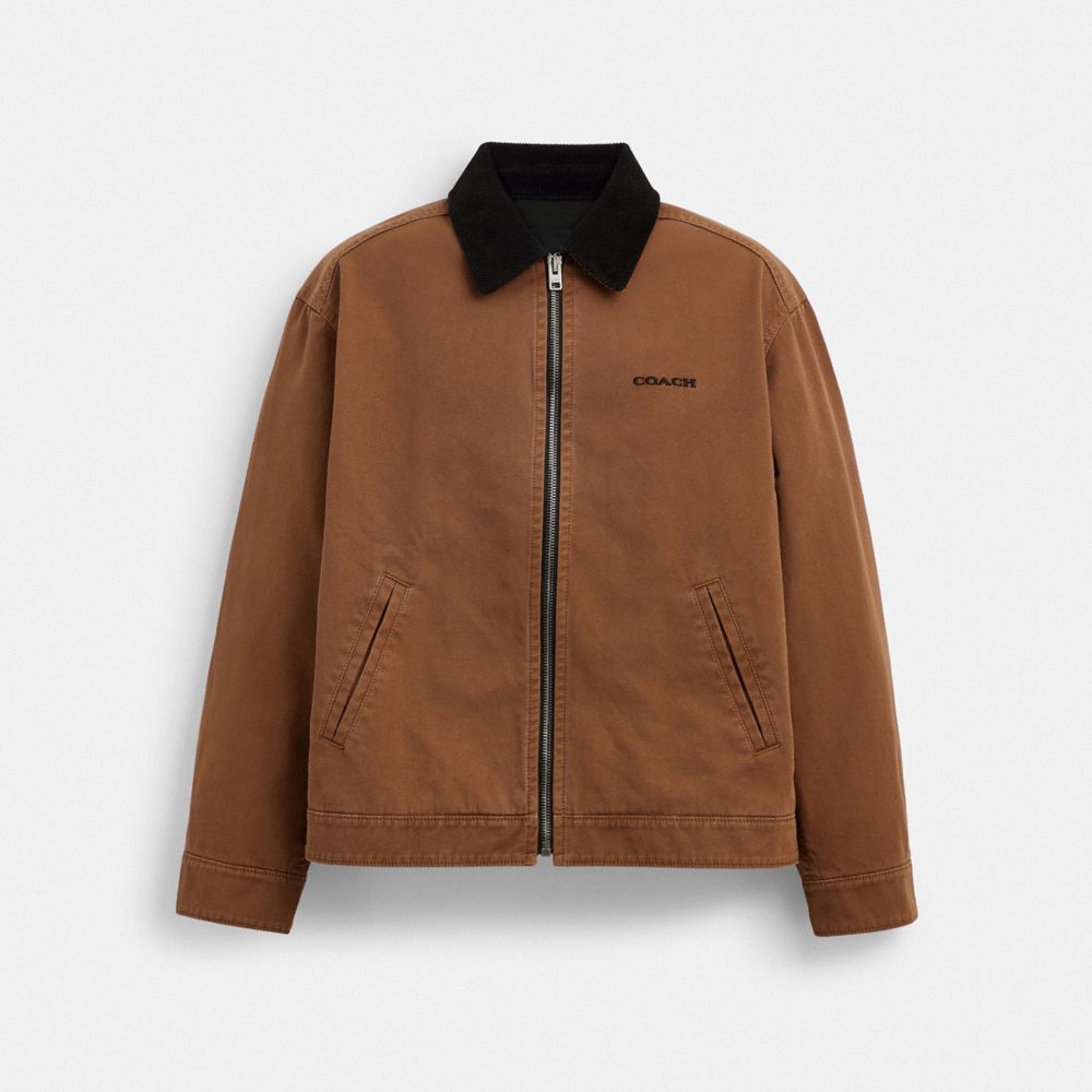 COACH®,SOLID LIGHTWEIGHT JACKET IN REGENERATIVE COTTON,cotton,Brown,Front View