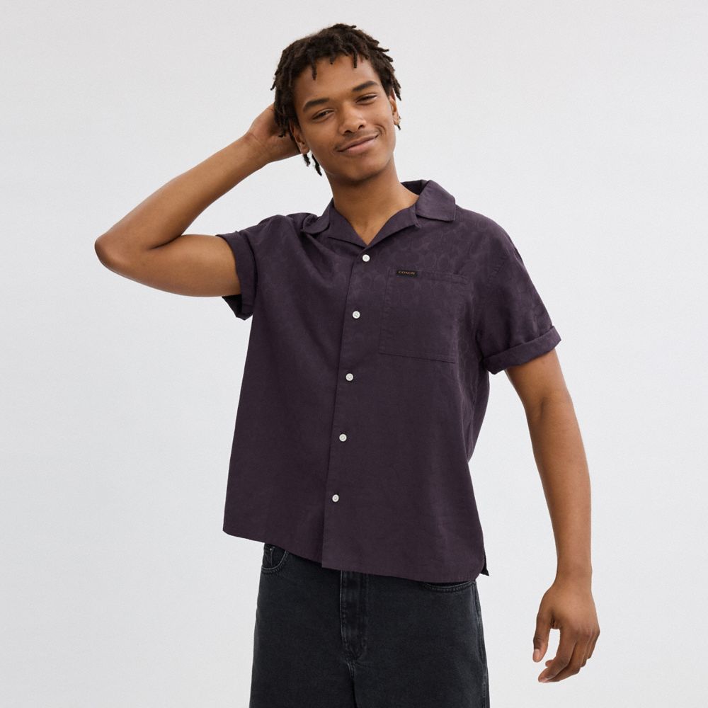 COACH®,SIGNATURE WOVEN SHIRT IN ORGANIC COTTON,Organic Cotton,Purple,Scale View