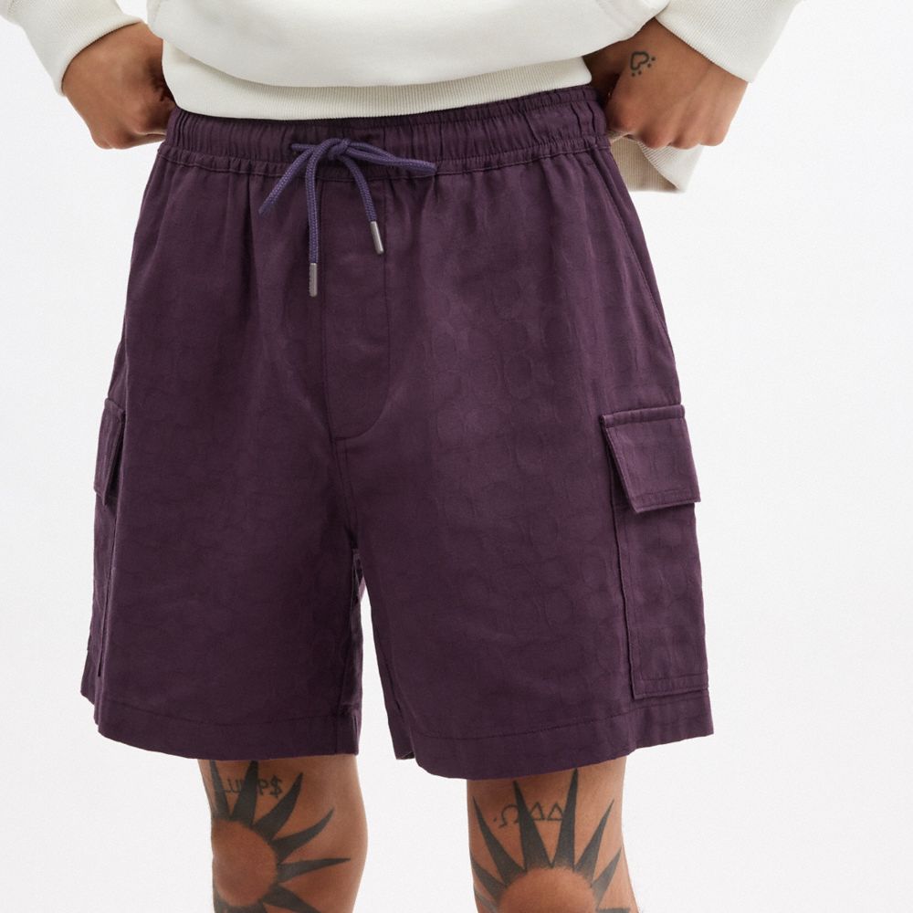 COACH®,Signature Shorts In Organic Cotton,Cotton,Cargo,Drawstring,Eco-Friendly,Casual,Purple,Detail View