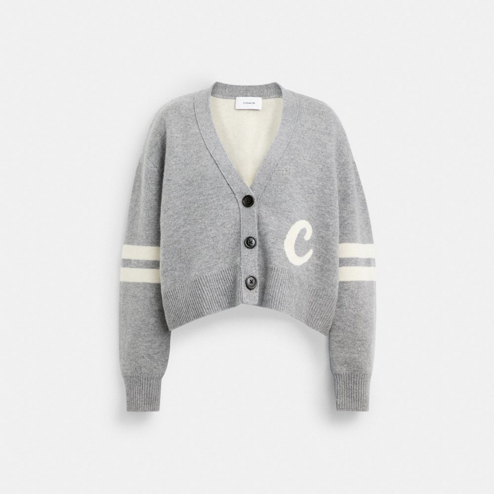 COACH®,Signature Script Cropped Cardigan,Cotton,Cardigan,Stripe,Casual,Gray,Front View