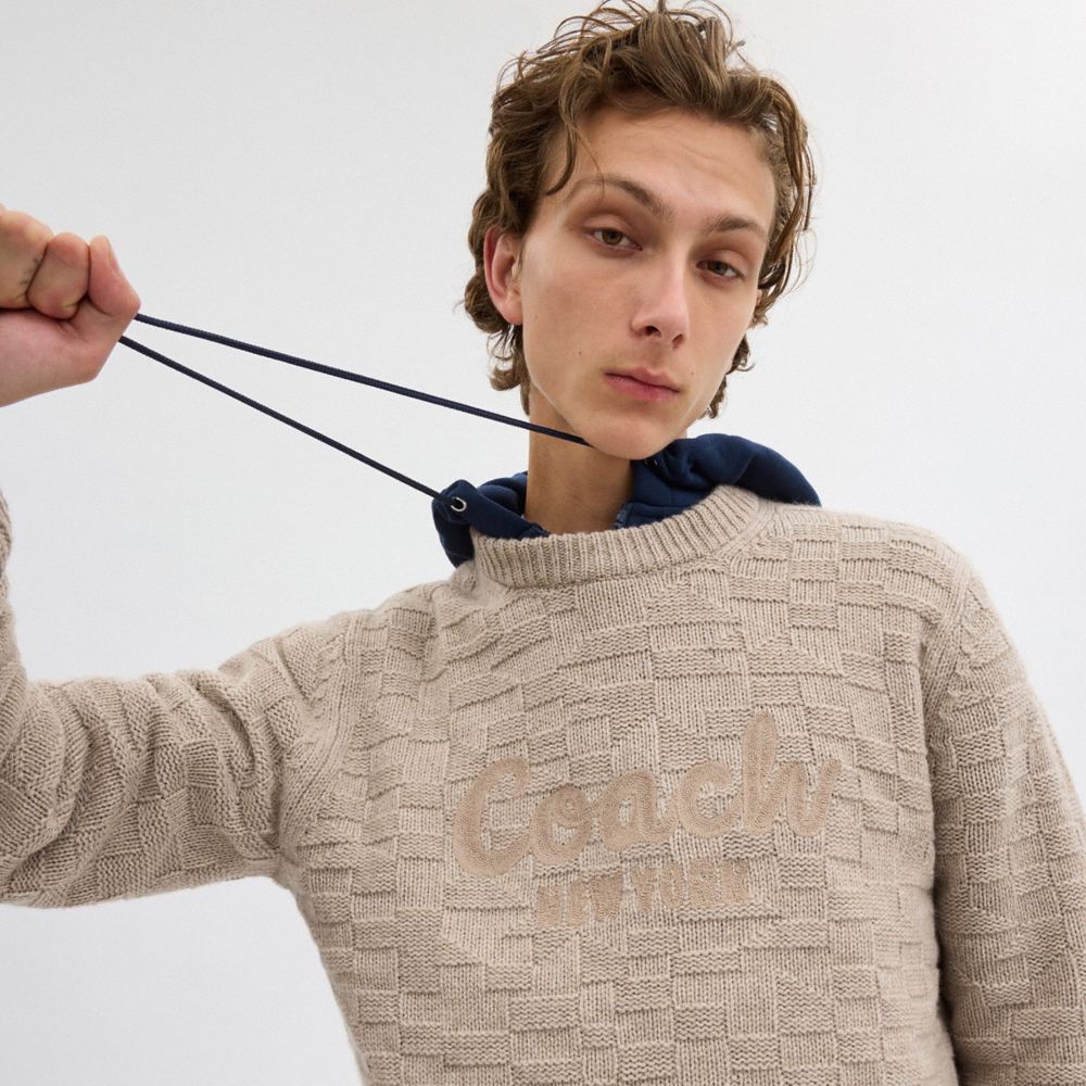 COACH®,Signature Knit Crewneck,Sweater,Pullover,No Embellishment,Casual,Beige,Detail View