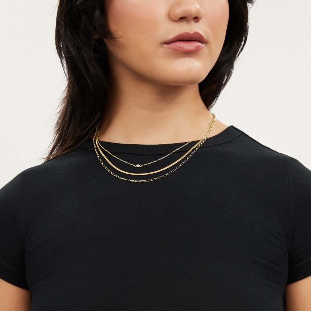 COACH®,Delicate Layered Chain Necklace,Layered,Cubic Zirconia,Chain Link,Gold Metal,Brass,Day Party,,Detail View