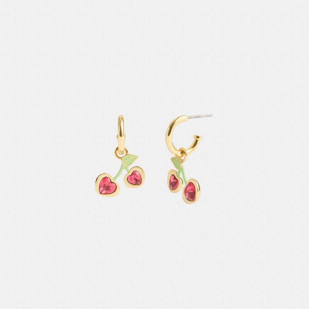COACH®,CHERRY CHARM HUGGIE EARRINGS,Gold/Pink,Front View