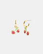 COACH®,CHERRY CHARM HUGGIE EARRINGS,Metal,Gold/Pink,Front View
