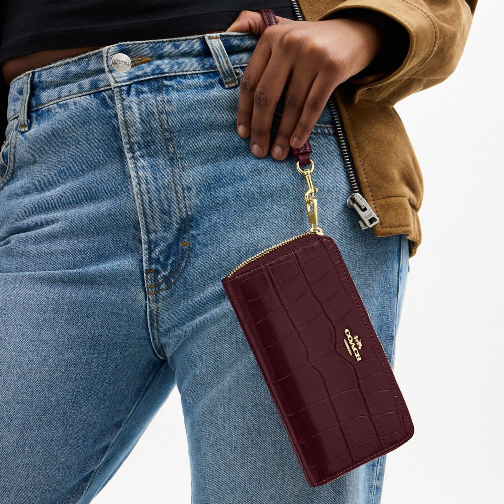COACH®,Long Zip Around Wallet,Leather,Wristlet,Continental,Metal,Logo,Casual,Maroon,Detail View