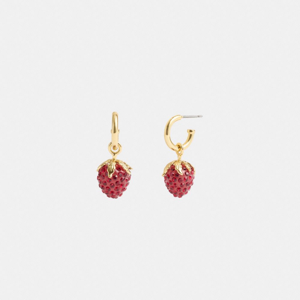 COACH®,BOUCLES D’OREILLES HUGGIE AVEC BRELOQUE FRAISE,Métal,Doré/Rouge,Front View