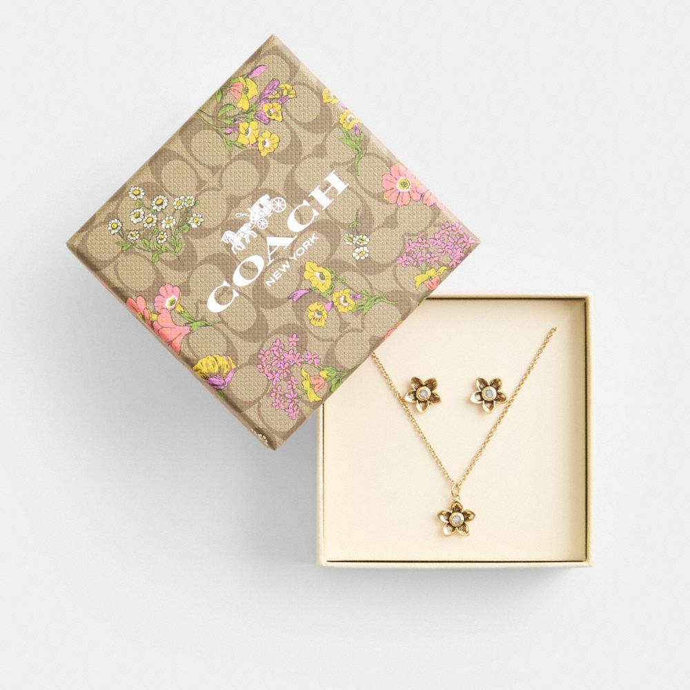 COACH®,WILDFLOWER EARRINGS AND NECKLACE SET,Metal,Gold,Front View