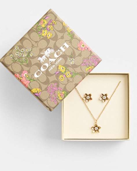 COACH®,WILDFLOWER EARRINGS AND NECKLACE SET,Metal,Gold,Front View