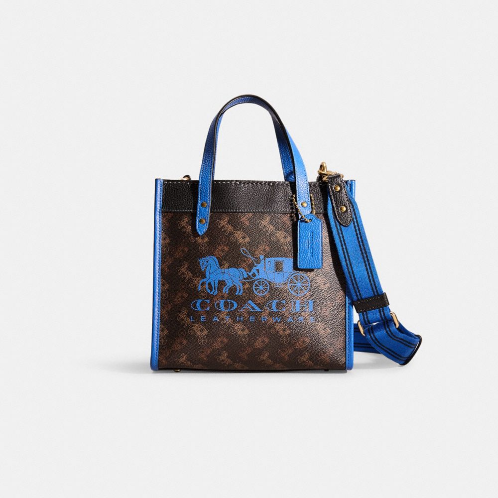 COACH®,RESTORED FIELD TOTE 22 WITH HORSE AND CARRIAGE PRINT AND CARRIAGE BADGE,Brass/Truffle Blue Fin,Front View