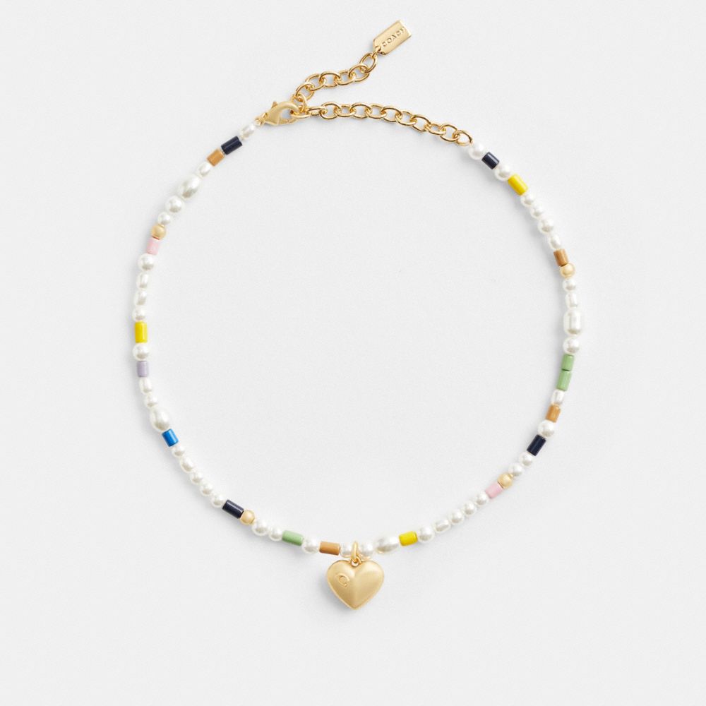 COACH®,SIGNATURE HEART BEADED PEARL CHOKER NECKLACE,Gold/Multi,Front View image number 0