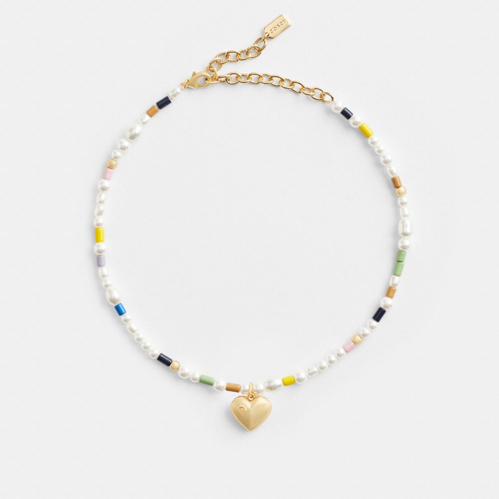 COACH®,SIGNATURE HEART BEADED PEARL CHOKER NECKLACE,Gold/Multi,Front View