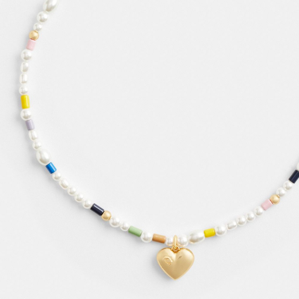 COACH®,Signature Heart Beaded Pearl Choker Necklace,Single Strand,Glass,Cubic Zirconia,Enamel,Pearl,3D Embellishment,Logo,...,Multi Color,Inside View,Top View