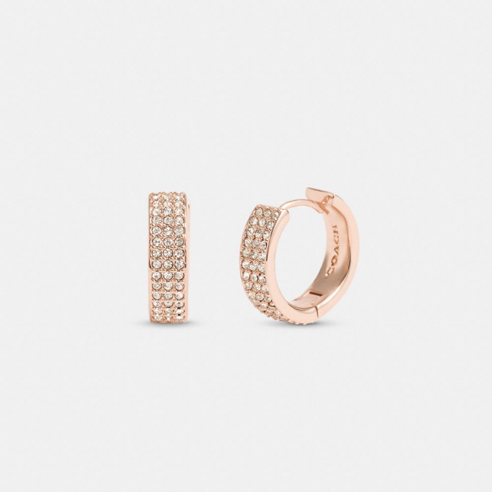 COACH®,PAVÉ HUGGIE EARRINGS,Brass,Rose Gold,Front View image number 0