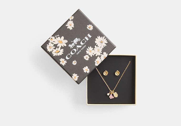 COACH®,GARDEN CHARMS PENDANT NECKLACE AND EARRINGS SET,Gold/Multi,Front View