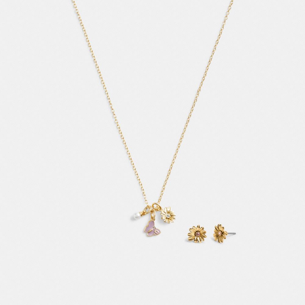 COACH®,GARDEN CHARMS PENDANT NECKLACE AND EARRINGS SET,Gold/Multi,Inside View,Top View