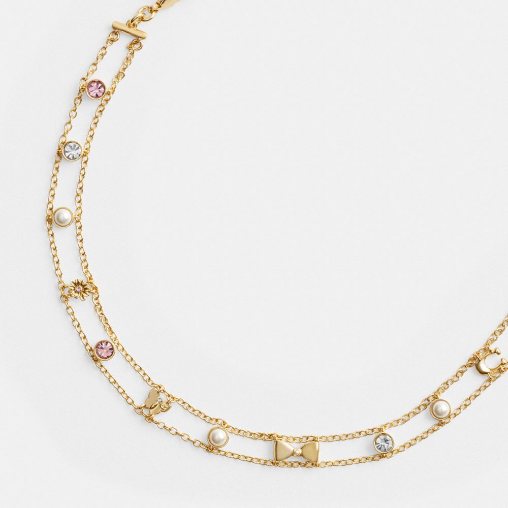 COACH®,Garden Charms Choker Necklace,Multi Strand,Choker,Cubic Zirconia,Glass,Pearl,Gem Embellishment,Pearl,Logo,Lettering...,Multi Color,Inside View,Top View