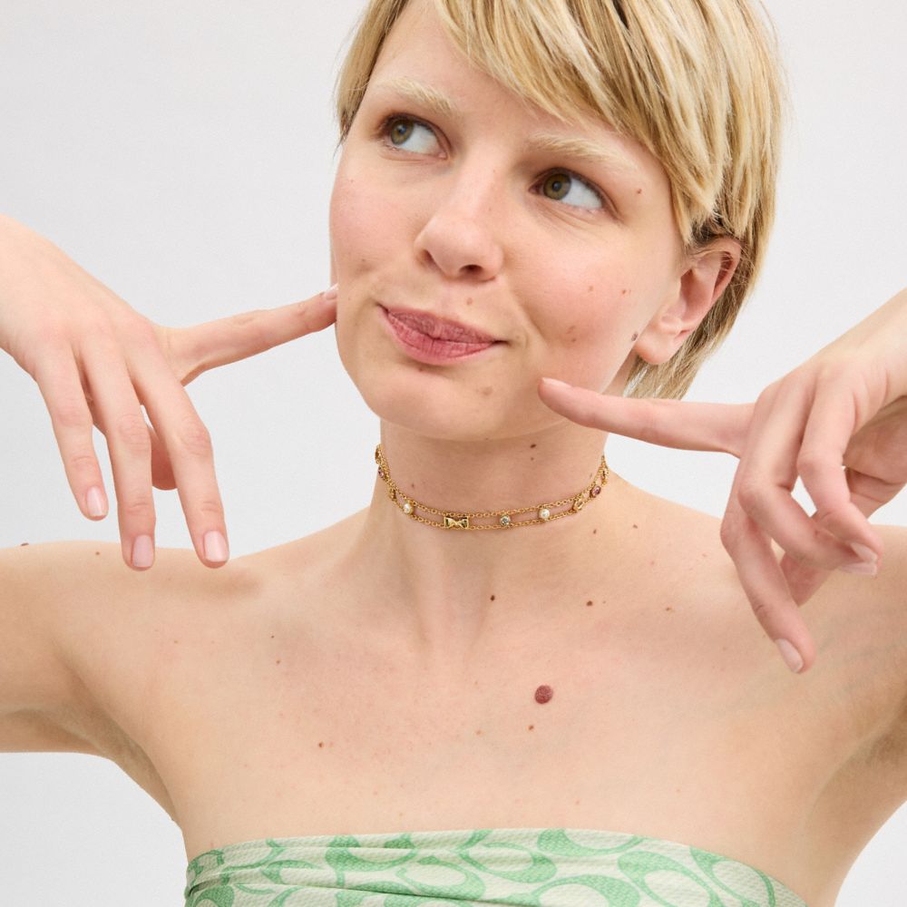 COACH®,Garden Charms Choker Necklace,Multi Strand,Choker,Cubic Zirconia,Glass,Pearl,Gem Embellishment,Pearl,Logo,Lettering...,Multi Color,Detail View