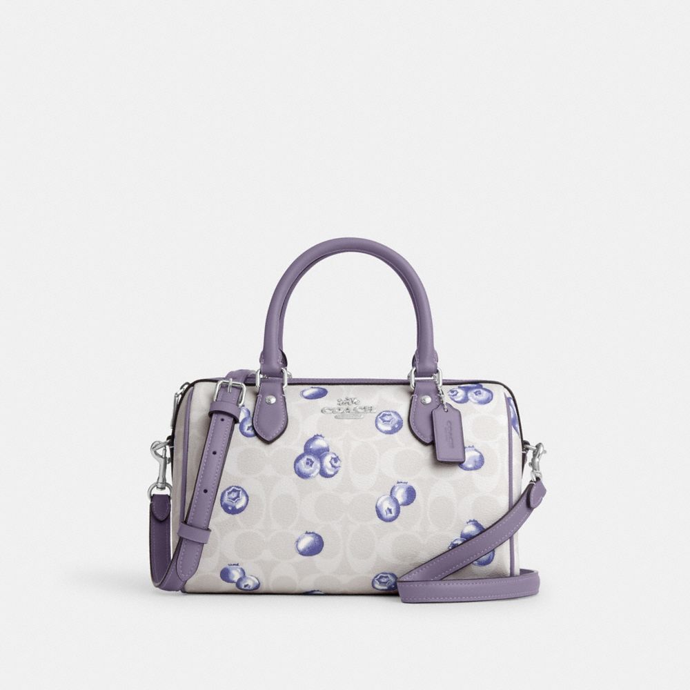 COACH®,ROWAN SATCHEL BAG IN SIGNATURE CANVAS WITH BLUEBERRY PRINT,Signature Canvas,Medium,Silver/Chalk/Light Violet,Front View