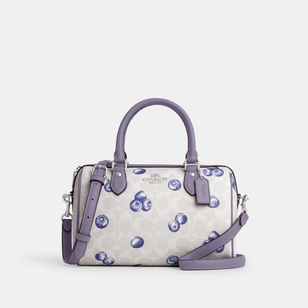 COACH®,ROWAN SATCHEL BAG IN SIGNATURE CANVAS WITH BLUEBERRY PRINT,pvc,Silver/Chalk/Light Violet,Front View